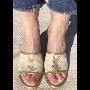 YSL gently used white canvas heels sandals 7 38